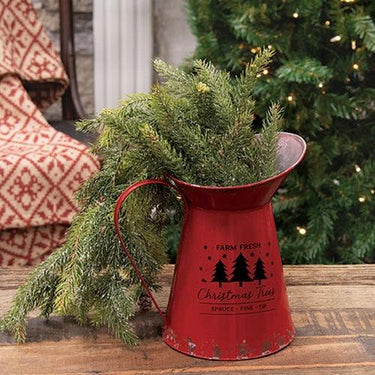 Farm Fresh Christmas Trees Distressed Red Metal Pitcher - The Fox Decor